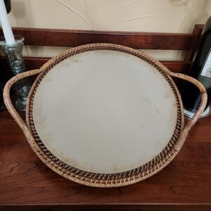 The Pampered Chef Brown Woven Rattan Tray And Pizza Stone